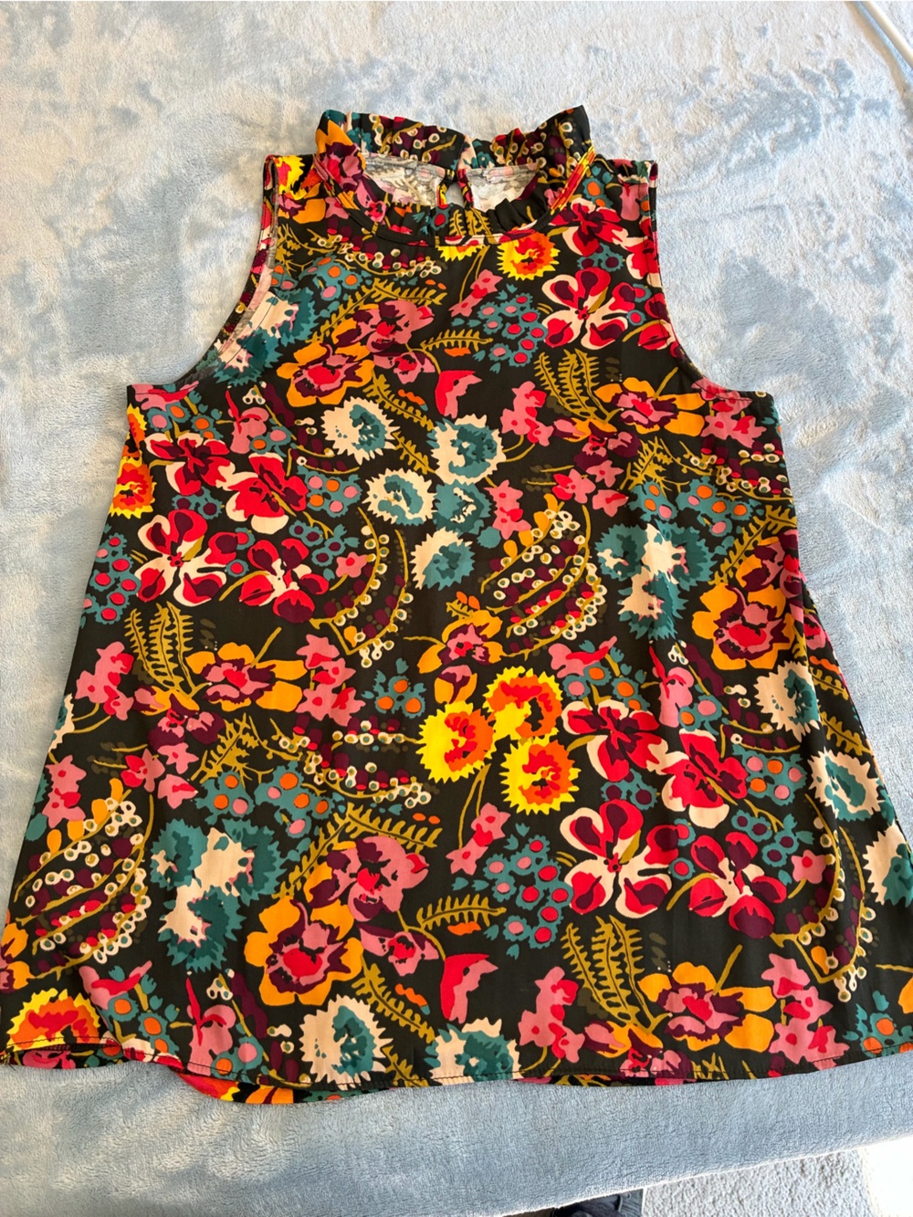 Bright Floral Sleeveless Top With Ruffled collar- Multicolor And Lightweight